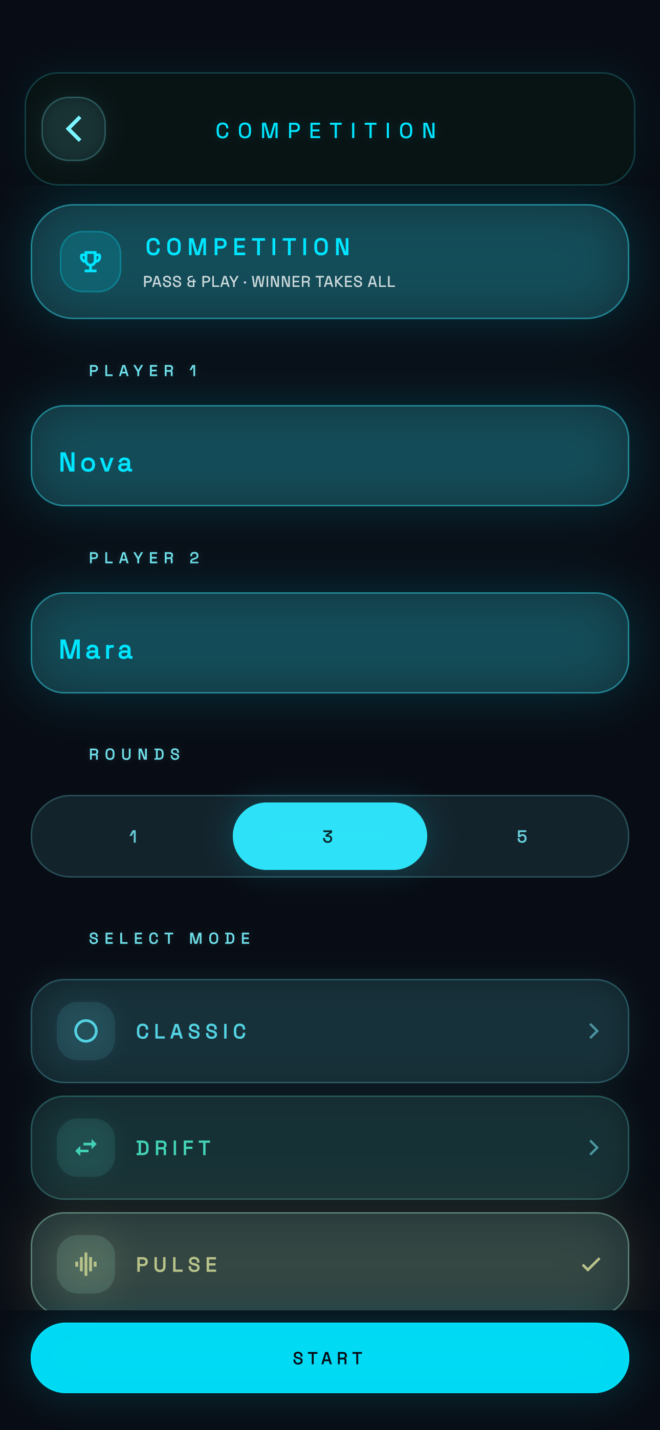 Competition setup screen